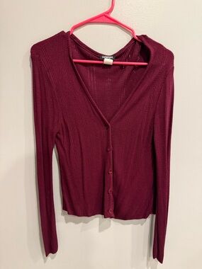 Wine Ribbed Button-Front Cardigan